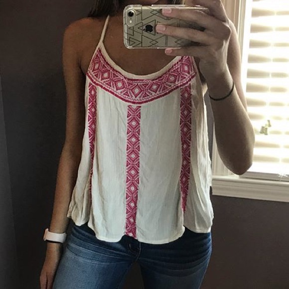 flowy off white tank with hot pink embroidery - Picture 2 of 3
